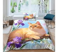 WXLWHR Housse De Couette Chat Chartreux Microfibre Douce Parure De Lit Impression 3D Plantes à Fleurs avec Fermeture Éclair & Taie d'oreiller pour Adultes Enfants Filles Single（135x200cm）