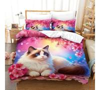 WXLWHR Housse De Couette Chat Ragdoll Microfibre Parure De Lit 3D Cerisier en Pleine Floraison avec Fermeture Éclair & Taie d'oreiller pour Enfants Garçons Filles Super King（260x220cm）