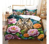 WXLWHR Housse De Couette Hibou Parure De Lit 3 Pièces Hibou Pivoine Microfibre avec Fermeture Éclair & Taie d'oreiller pour Garçons, Adolescents Single（140x200cm）