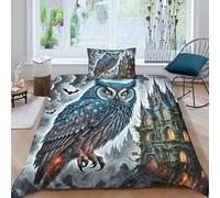 WXLWHR Housse De Couette Hibou Parure De Lit 3 Pièces Hibou Sombre Microfibre avec Fermeture Éclair & Taie d'oreiller pour Garçons, Adolescents Single（135x200cm）