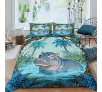 WXLWHR Housse De Couette Hippopotame Microfibre Ultra Doux Parure De Lit Imprimée Fougères 3D avec Fermeture Éclair & Taie d'oreiller Cadeau Fête Anniversaire Double(200x200cm)