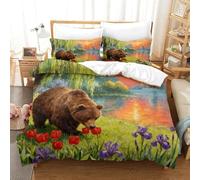 WXLWHR Housse De Couette Ours Brun Microfibre Parure De Lit 3D Herbe au Bord du Lac avec Fermeture Éclair & Taies d'oreiller pour Enfant Fille Super King（260x220cm）