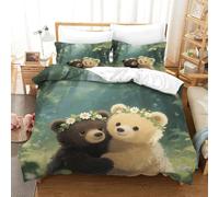 WXLWHR Housse De Couette Ours Microfibre Set De Lit 3 Pièces Deux Oursons avec Fermeture Éclair & Taie d'oreiller Cadeau Fête Anniversaire Single（140x200cm）