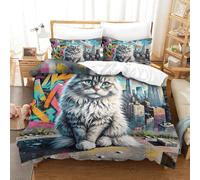 WXLWHR Housse De Couette Persian Chat Polyester Doux Parure De Lit 3 Pièces Chat Persan Ville Graffiti avec Fermeture Éclair pour Enfants Garçons Filles King（220x240cm）