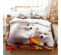 WXLWHR Housse De Couette Samoyed Chiot Microfibre Ultra Doux Parure De Lit Imprimé Feuilles d'automne 3D avec Fermeture Éclair & Taies d'oreiller pour Adulte Enfant Single（140x200cm）
