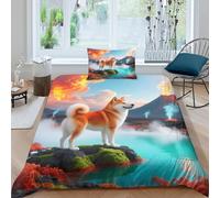 WXLWHR Housse De Couette Shiba Inu Microfibre Parure De Lit Motif Volcan Source Chaude 3D avec Fermeture Éclair & Taies d'oreiller pour Enfants Garçons Filles Single（135x200cm）