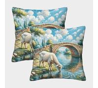 WXLWHR Housse De Coussin Chèvre Lot De 2, Chèvre Buveuse Rivière Taies Coussin Polyester Lavables en Machine pour Chambre, Canapé, Chaise, Lit,Jardin 40x40cm