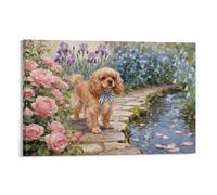 WXLWHR Tableau Sur Toile Cavalier King Charles Spaniel Tableau Decoration Murale Salon Moderne Fleur Image Sur Toile Pour Salle De Bain Bureau Cuisine Cadeau Original 16x24inch(40x60cm)