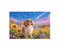 WXLWHR Tableau Sur Toile Cavalier King Charles Spaniel Tableau Decoration Murale Salon Moderne Mer de Tournesols Image Sur Toile Pour Chambre À Coucher Salon Entrée Cadeau Original 08x12inch(20x30cm)