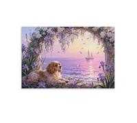 WXLWHR Tableau Sur Toile Cavalier King Charles Spaniel Tableau Decoration Murale Salon Moderne Vignes Fleuries Image Sur Toile Pour Chambre À Coucher Salon Entrée Cadeau Original 20x30inch(50x75cm)