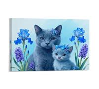 WXLWHR Tableau Sur Toile Chat Bleu Russe et Chaton Tableau Decoration Murale Salon Moderne Iris Bleu Impression Sur Toile Pour Chambre, Salle De Bains, Salon Idée Cadeau 08x12inch(20x30cm)