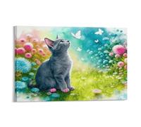 WXLWHR Tableau Sur Toile Chat Bleu Russe Tableau Decoration Murale Salon Moderne Fleurs et Papillon Impression Sur Toile Pour Bain Salon Chambre Restaurant Idée Cadeau 16x24inch(40x60cm)
