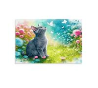 WXLWHR Tableau Sur Toile Chat Bleu Russe Tableau Decoration Murale Salon Moderne Fleurs et Papillon Impression Sur Toile Pour Cuisine, Salon, Chambre Adulte Cadeau Original 08x12inch(20x30cm)