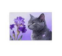 WXLWHR Tableau Sur Toile Chat Bleu Russe Tableau Decoration Murale Salon Moderne Iris Violet Impression Sur Toile Pour Cuisine, Salon, Chambre Adulte Cadeau Original 16x24inch(40x60cm)