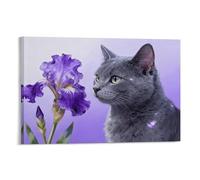 WXLWHR Tableau Sur Toile Chat Bleu Russe Tableau Decoration Murale Salon Moderne Iris Violet Impression Sur Toile Pour Chambre À Coucher Salon Entrée Idée Cadeau 12x18inch(30x45cm)