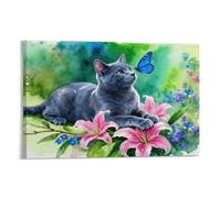 WXLWHR Tableau Sur Toile Chat Bleu Russe Tableau Decoration Murale Salon Moderne Style Aquarelle Impression Sur Toile Pour Salon Chambre Cuisine Idée Cadeau 16x24inch(40x60cm)