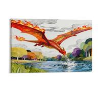 WXLWHR Tableau Sur Toile Ptérosaure Flamboyant Tableau Decoration Murale Salon Moderne Dragon Lac en Lisière de Bois Image Sur Toile Pour Cuisine, Bureau, Bar, Cadeau Original 20x30inch(50x75cm)