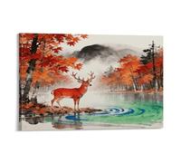 WXLWHR Tableau Sur Toile Red Cerf Tableau Decoration Murale Salon Moderne Lac en Lisière de Bois Image Sur Toile Pour Chambre, Salle De Bains, Salon Cadeau Original 16x24inch(40x60cm)