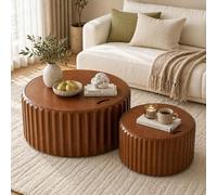 Wxnnx Modern Round Nesting Coffee Table Set of 2 with Storage, Mid-Century Round Nesting Fluted Wood Tables for Living Room, Drum Circle Center Tables for Apartment Small Space