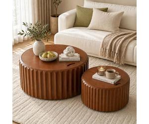Wxnnx Modern Round Nesting Coffee Table Set of 2 with Storage, Mid-Century Round Nesting Fluted Wood Tables for Living Room, Drum Circle Center Tables for Apartment Small Space