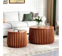 Wxnnx Round Modern Nesting Coffee Table Set of 2 with Storage, Round Mid-Century Nesting Drum Fluted Tables for Small Spaces, Wooden Circle Center Tables, for Apartment Small Space