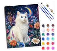 WXRWANG Peinture par numéros DIY par numéros pour adultes Chat blanc sous la lune Peinture par numéros Kits sur toile avec pinceaux pour décoration murale de la maison Avec cadre