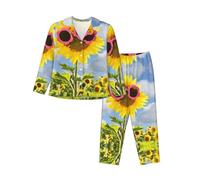 WXWJSHMGC Ensemble de pyjama 2 pièces confortable avec imprimé tournesol de dessin animé et pantalon long pour femme, Noir , XL