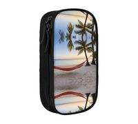 WXWJSHMGC Paradise Beach with Hammock CocoPalm Trees Print Grande Capacité Double Layer Pencil Case with Zipper - Durable Fabric School Pouch for Pen - Ideal for Students, Noir , Taille unique