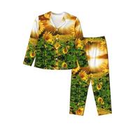 WXWJSHMGC Pyjama 2 pièces avec pantalon long imprimé tournesol pour femme, Noir , L