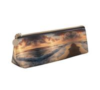 WXWJSHMGC Trousse à crayons en cuir avec impression plage, coucher de soleil et vagues de l'océan, trousse à crayons portable de grande capacité pour l'école secondaire, filles et garçons