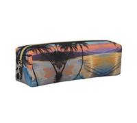 WXWJSHMGC Trousse à crayons en cuir avec imprimé hamac de plage et coucher de soleil en noix de coco simple, avec poche métallique à fermeture éclair, pochette de rangement pour filles, garçons