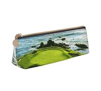 WXWJSHMGC Trousse à crayons en cuir avec imprimé parcours de golf sur la plage, trousse à stylos plume, trousse portable de grande capacité pour l'école secondaire, filles et garçons