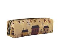 WXWJSHMGC Trousse à crayons simple en cuir beige marron imprimé maison et fruits, avec poche métallique à fermeture éclair, pochette de rangement pour filles, garçons, étudiants, collège, doré, Taille