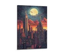 WXYZZB Magnifique album photo de famille moderne - Impression sur toile - Inspirée de l'anime - Affiche de paysage urbain avec pleine lune et gratte-ciel