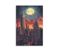 WXYZZB Magnifique album photo de famille moderne - Impression sur toile - Inspirée de l'anime - Affiche de paysage urbain avec pleine lune et gratte-ciel