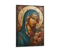 WXYZZB Poster moderne sur toile pour décoration de chambre à coucher - Vierge Marie avec accents floraux dans une icône - Impressions d'œuvres d'art de style encadré 60 x 90 cm