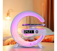 WXZOS Haut-parleur sans fil en forme de G et lampe de table - Veilleuse d'ambiance avec chargement sans fil, réveil et fonction de charge - Classe énergétique A, lampe de chevet idéale pour chambre à