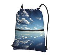 WXZYFP Bleu ciel et nuages blancs Sac à dos de loisirs en plein air avec cordon de serrage, tissu imperméable, matériau léger, unisexe, noir, taille unique
