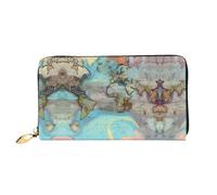 WXZYFP Long portefeuille en cuir motif carte du monde de dessin animé, impression double face, matériau en cuir microfibre, unisexe, imperméable et durable