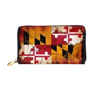 WXZYFP Portefeuille long en cuir vintage avec drapeau du Maryland en bois, impression double face, matériau en cuir microfibre, unisexe, imperméable et durable