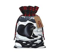 WXZYFP Seals on Ice Colorblock Sac cadeau en lin avec cordon de serrage, 100 % polyester, adapté pour l'emballage cadeau de Noël