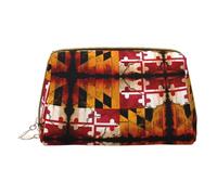 WXZYFP Trousse de maquillage portable en cuir, fermeture éclair pour emporter des articles, adaptée pour le rangement à la maison et en voyage. Drapeau du Maryland en bois vintage