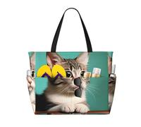 WXZYFP Un chat curieux. C'est un sac de plage de grande capacité fabriqué en 100 % polyester et dispose de 7 poches qui peuvent contenir beaucoup d'articles. Noir, taille unique