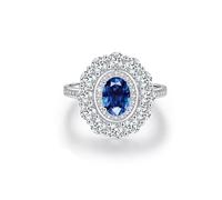 Wycian Bague pour Son Copain Bague Anneau Bleu Bleu Or Blanc 14K Au585 5X7mm Forme Ovale Saphir Créé en Laboratoire Taille 46.5 pour Sœur Épouse