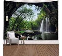 Wycian Tapisserie Murale Paysage Nature, Tenture Murale XXL Cascade Tenture Murale Foret Tapisserie 3D Arbre Trou Lac Montagne Jungle Vert XL 300X260Cm
