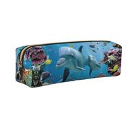 WYCZHY Pochette à crayons en cuir avec motif dauphin océanique qui vous regarde, grande capacité pour l'école, doré, Taille unique, Trousse de maquillage