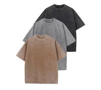 Wyeysyt Lot de 3 t-shirts surdimensionnés en coton délavé à manches courtes pour femme, Noir + gris + kaki, Taille M