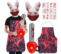 WYFDCZZP Lapin tueur Deguisement, 4 Pièces Deguisement Halloween Homme, Masque de Lapin, Inflatable Chainsaw, Tablier ensanglanté, Temporary Tattoo Sheets, Adulte et Adolescent Taille Unique