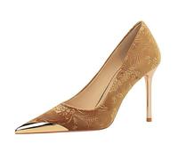 WYGGD Escarpins Sexy en Daim à Motif Floral en Relief - Chaussures habillées Classiques pour Femmes à la Mode, parfaites pour Les fêtes, Pointe en métal, Talons Hauts, Chaussures Simples,Camel-39