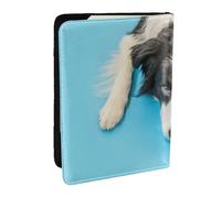 Wykjtwo Chiot Drôle Chien Border Collie Fond Bleu, Porte-Passeport Portefeuille de Voyage en Cuir PU Étui pour Passeport Couvre-Passeport 6,5 po